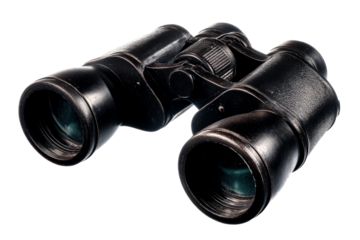 Classic black binoculars with fine craftsmanship on transparent bg