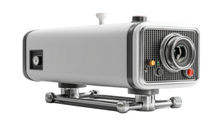 Retro Projector: A stylish retro projector sits on a silver tripod, its sleek design and classic features reflecting a bygone era of visual storytelling and film presentations.