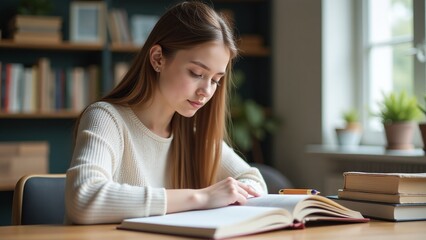 Female student reading textbooks, calm focus, study routine, educational materials, academic study