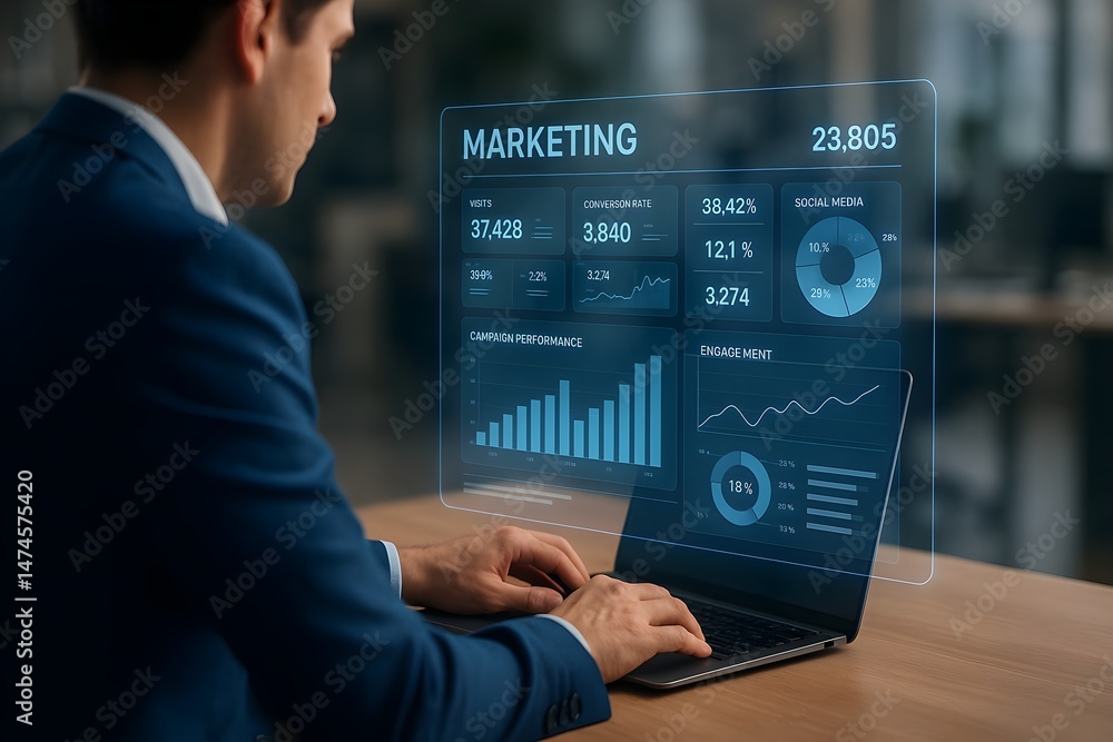 Poster a man in a suit analyzes marketing analytics on a laptop. the screen displays graphs and charts, ill