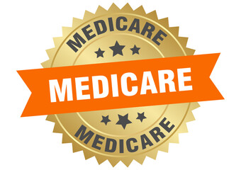 medicare. medicare round orange and gold label isolated on transparent background
