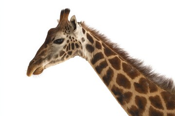 Gentle giant: A young giraffe's profile against a white background.