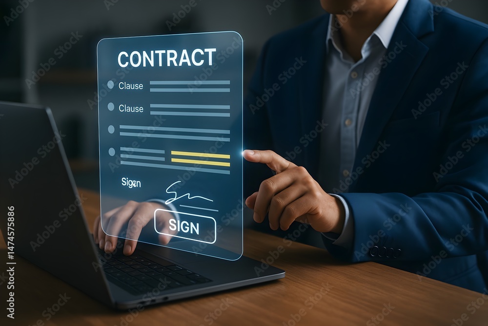Poster a man in a suit uses a laptop to review a digital contract. the interface is clean and modern, showi