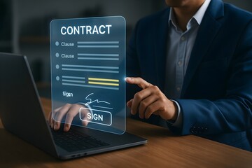 A man in a suit uses a laptop to review a digital contract. The interface is clean and modern, showing the clauses and a signature area.