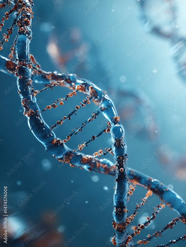 Poster Abstract DNA Helix Floats in Clean Blue Space Surrounded by Ethereal Light and Particles Creating a Sense of Depth and Intrigue in a Scientific Context