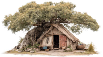 Cozy Homestead Under The Majestic Tree: A quaint, rustic cabin nestles beneath the embrace of a grand, age-old tree, offering a sense of warmth, shelter, and connection to nature. 