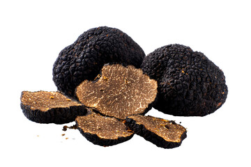 Fresh black truffles with slices displayed on transparent background