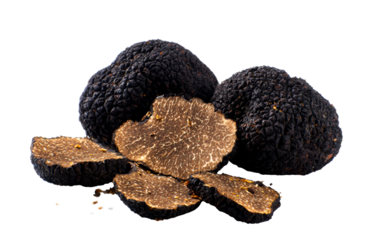 Fresh black truffles with slices displayed on transparent background
