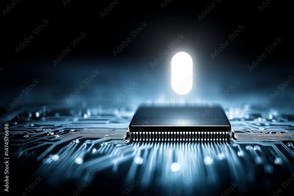 Aufkleber Close-up of a computer microchip illuminated by a bright light in a dark environment with intricate circuit patterns