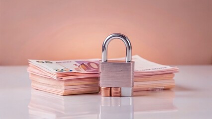 Naklejka premium Padlock Securing Euro Banknotes: Economic Sanctions, Insurance, & Financial Security