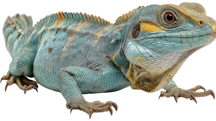 Obraz premium Blue-Crested Lizard Portrait: A vibrant blue-crested lizard, showcasing its striking turquoise scales and distinctive crest, poses against a clean background.