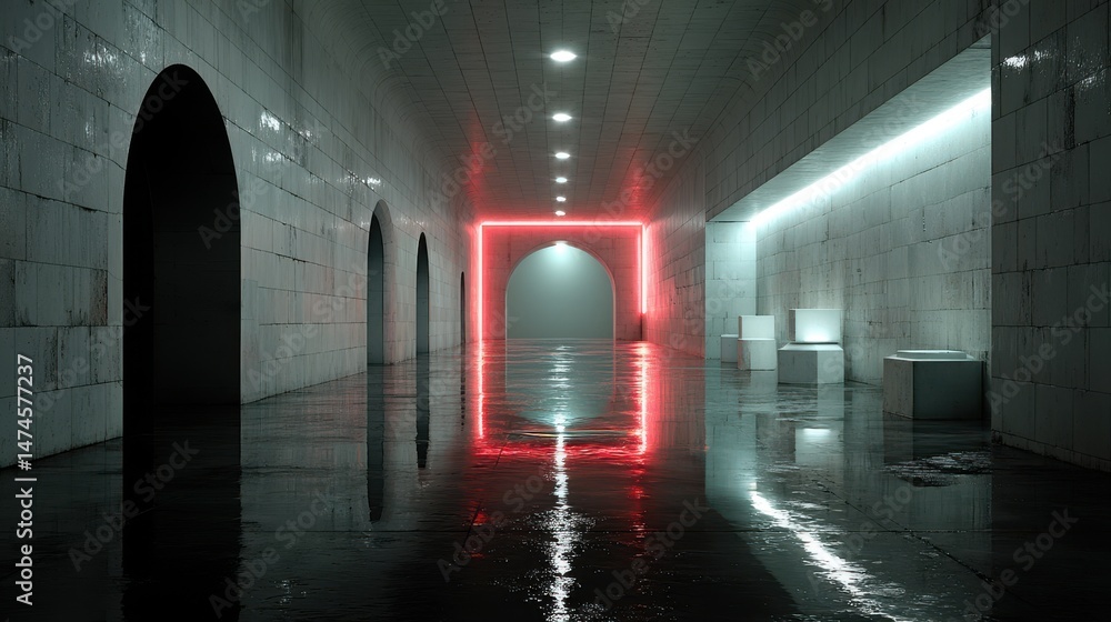 Poster cyber tunnel with blocks and technology gear symmetry minimal design neon lights and lasers.stock image