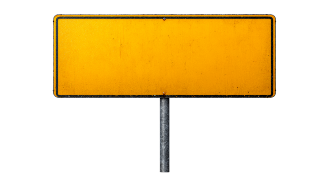 Blank yellow sign on a metal pole against transparent background