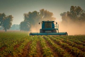 Obraz premium A large agricultural machine operates across vast rows of green crops during the late afternoon. Dust rises as the equipment moves, creating a serene rural atmosphere