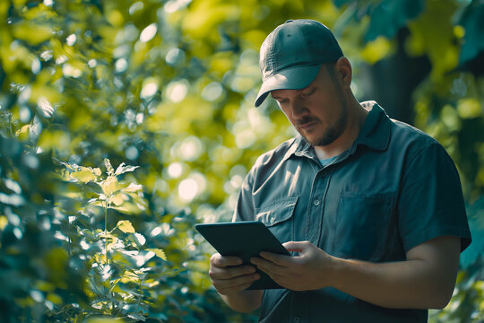 Man using tablet outdoors, landscape, arborist gardener providing a customer quote service using software technology on the job site, modern business owner, foreman, worker