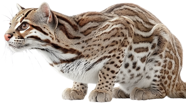 The Ocelot's Vigil: An ocelot with striking markings poised, embodying the silent grace and predator instincts of the wild, alert to its surroundings.