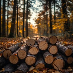 Pile of Logs in Autumn Forest