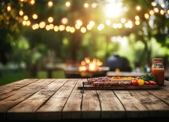 Outdoor wooden table with grill, meat patties, bell peppers, herbs, blurred trees, and string lights.