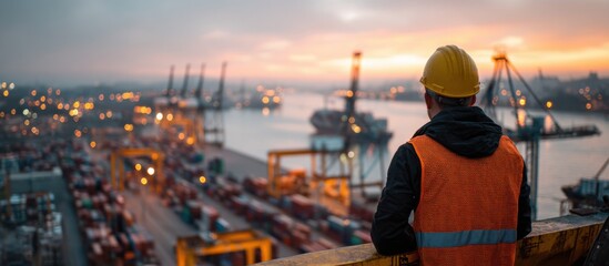 Port Worker Overseeing Docks at Sunset