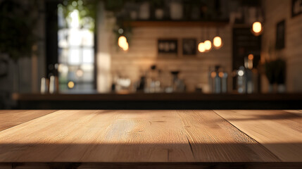Rustic Cafe Bar with a Wooden Table: The warm glow of ambient lighting dances across a sturdy wooden table, setting a welcoming scene. Perfect for showcasing culinary delights.