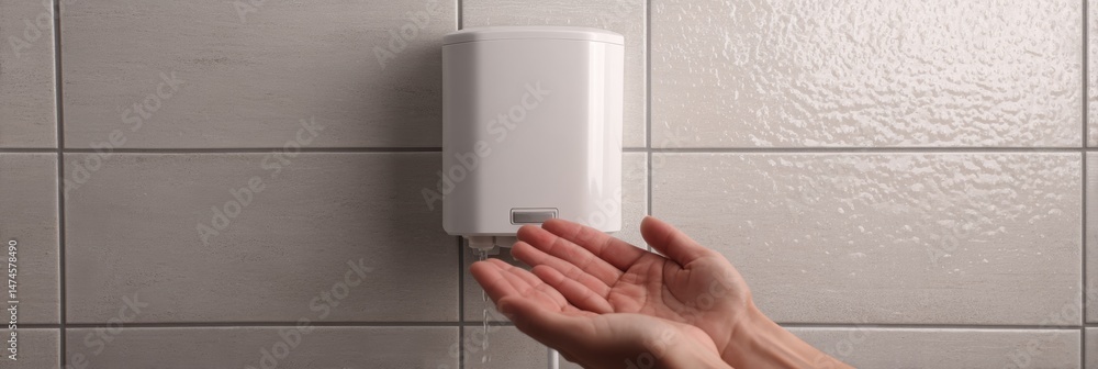 Poster sanitizer dispenser mounted on wall with hands positioned underneath ready to receive sanitizer in a
