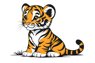 Adorable cartoon tiger cub sitting with a cute expression on solid black background