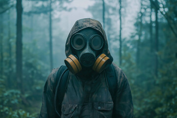 Man wear gas mask. Dangerous toxic radiation. Air pollution concept. Apocalypse world. Person in protective respirator. Nuclear war. Radioactive smog. Nature chemical contamination. Stalker survivor.