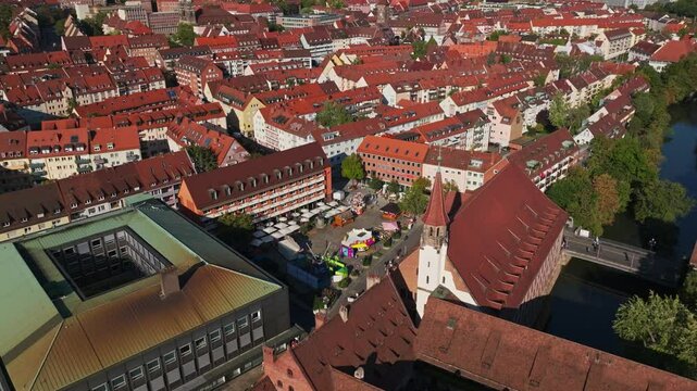 Aerial drone view of Hans Sachs Platz in Nuremberg, Germany.
