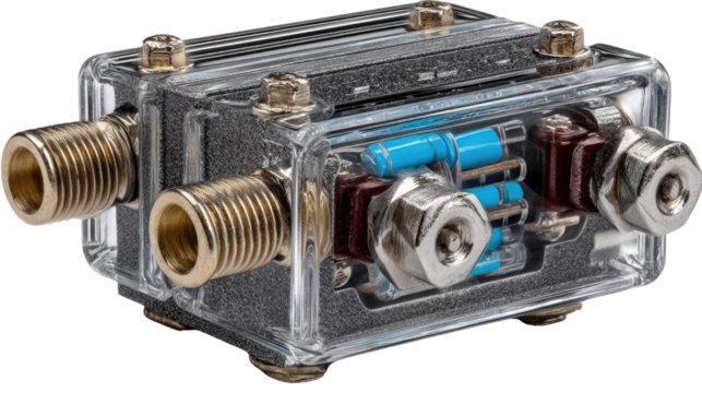 Electronics components with Transparent casing : An up-close shot that encapsulates the intricate arrangement of electrical components within a clear, resilient housing.