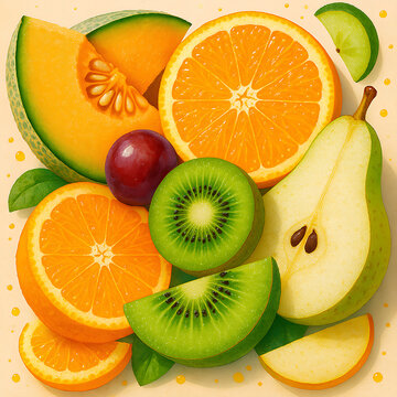 A vibrant and colorful fruit slice collage, featuring an assortment of fresh fruits artfully arranged. The collage includes juicy slices of melon, oranges, kiwis, grape, and pear, displaying their ric