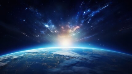 Fototapeta premium A vibrant, colorful sunrise over the Earth's horizon, with a starry sky and a glowing blue planet below.