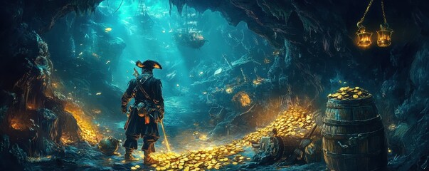 Fototapeta premium Pirate in Underwater Cave with Gold Treasure