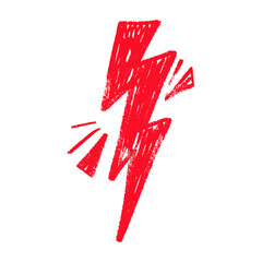 Red Hand draw thunder bolt with zappy doodle lines. Electric lightning flash energy symbol. Flat vector illustration isolated on white background.