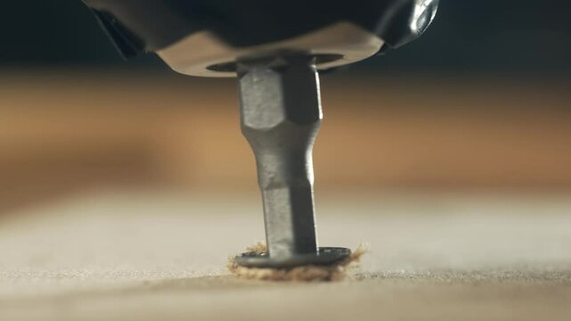 Close-up screwdriver bit unscrewing countersunk self-tapping screw from wooden surface. Hardware tool slowly removing sharp fastener during repair. Metal bit working in construction process