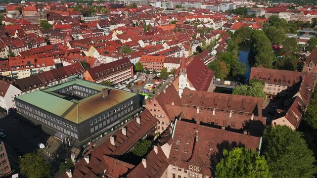 Aerial drone view of Hans Sachs Platz in Nuremberg, Germany.