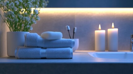A serene bathroom scene with neatly folded aqua-colored towels
