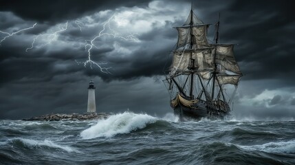 a painting of a pirate ship in the ocean with the sun setting in the background, gothic ship on ocean