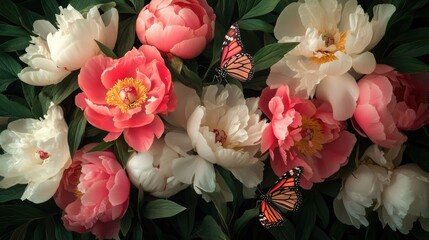 A vibrant arrangement of blooming pink and white peonies set against a dark background.