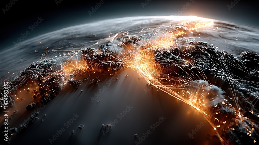 Poster digital illustration of earth with glowing network connections in a futuristic global technology concept