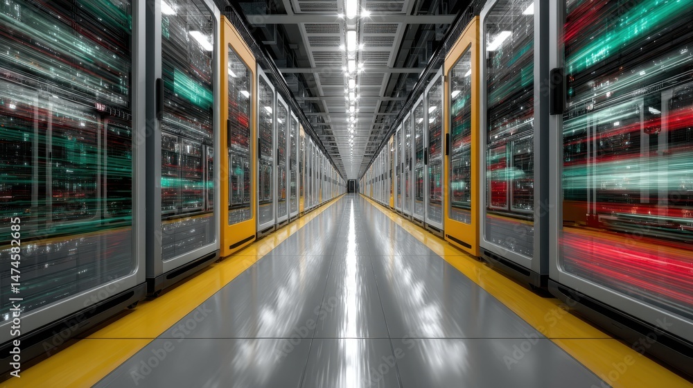 Poster digital information travels through fiber optic cables through the network and data servers behind g