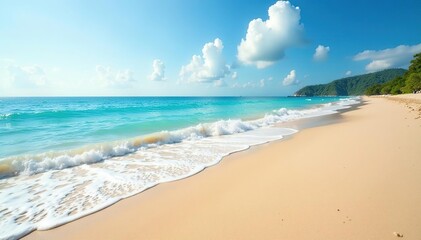 Obraz premium Tranquil beach scene with soft sand and gentle waves Perfect for travel, vacation, or nature themes , beach, nature, water