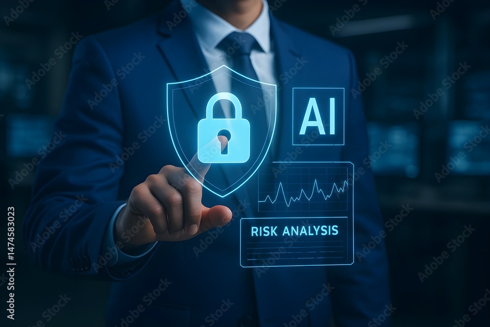 Poster a businessman in a suit uses his finger to interact with a holographic display featuring a security 