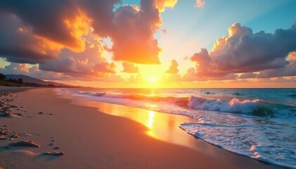 Golden sunrise paints the sky over a tranquil beach, waves gently lapping the shore , sunrise, ocean scene