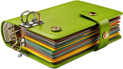 Elegant Leather Planner: A close-up shot reveals a stylish, vibrant green leather planner, showcasing its high-quality craftsmanship and organization potential. The planner's design.