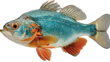 Bluegill Fish Portrait: A stunning close-up portrait of a bluegill fish, showcasing its intricate patterns and vibrant colors.  The intricate scales shimmer with a blend of azure and copper.