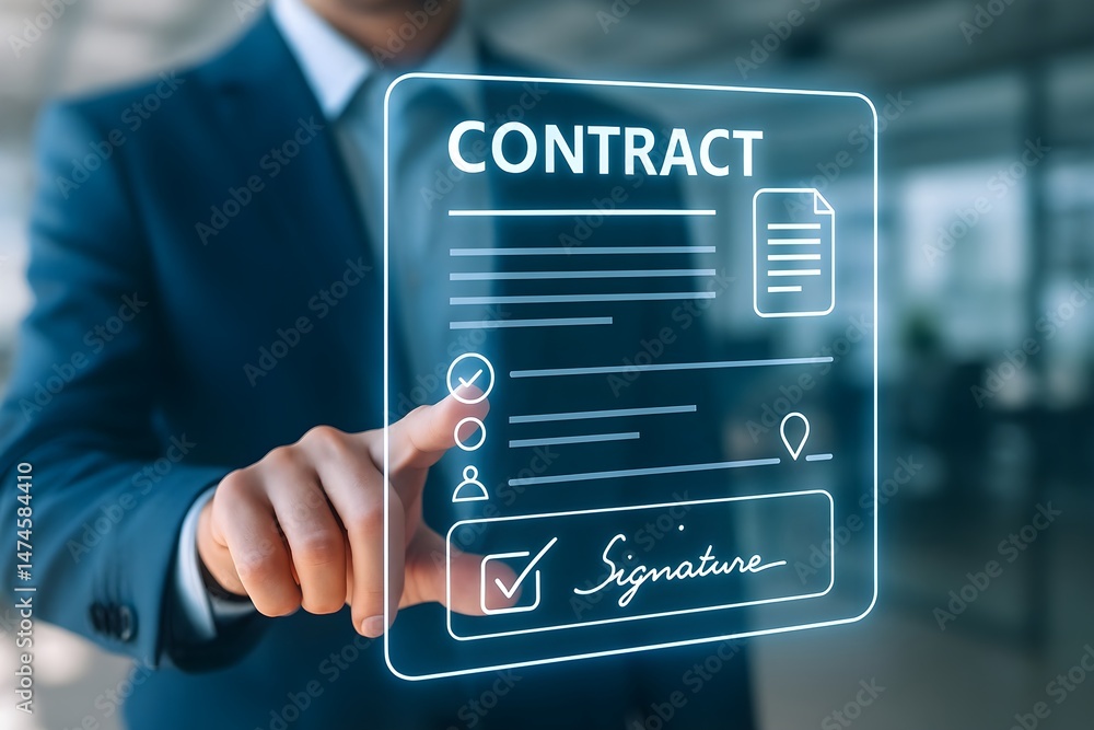Poster a businessman's hand interacts with a transparent digital contract interface, highlighting modern bu