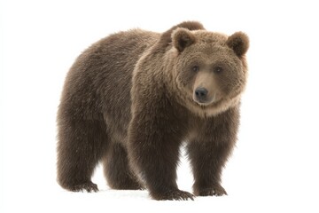 Obraz premium A majestic brown bear stands against a stark white background, its thick fur contrasting beautifully.