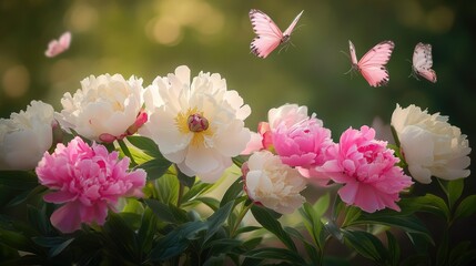 A vibrant arrangement of blooming pink and white peonies set against a dark background.