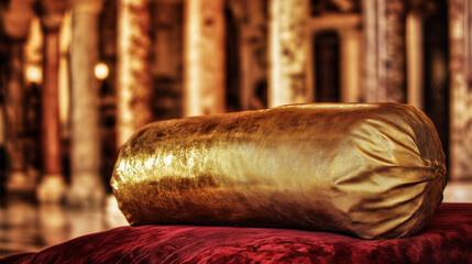 Ancient golden artifact on velvet, bathed in soft light, with marble columns behind; a timeless glimpse into cultural heritage.