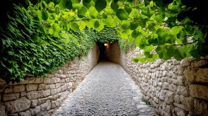 Obraz premium Peaceful Stone Pathway Surrounded by Lush Green Leaves in a Serene Natural Environment